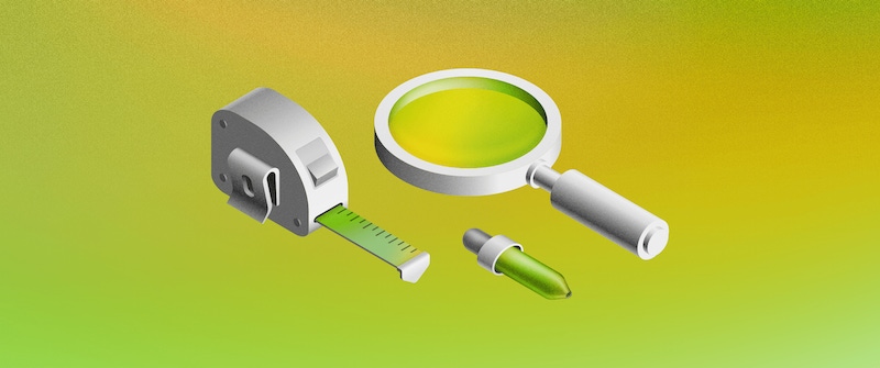 A 3D illustration showing a magnifying glass, a measuring tape and a eye-dropper tool on a green background