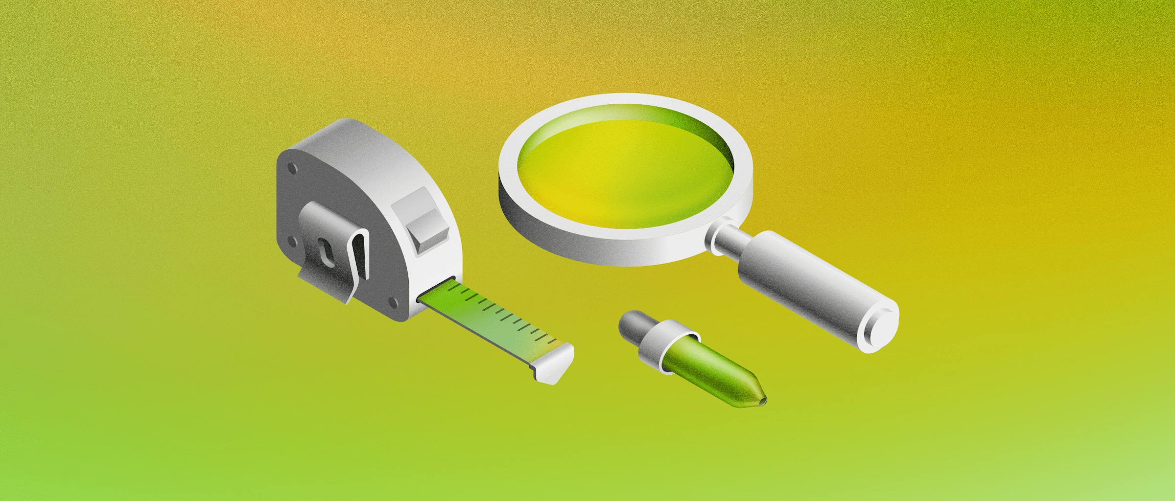 A 3D illustration showing a magnifying glass, a measuring tape and a eye-dropper tool on a green background