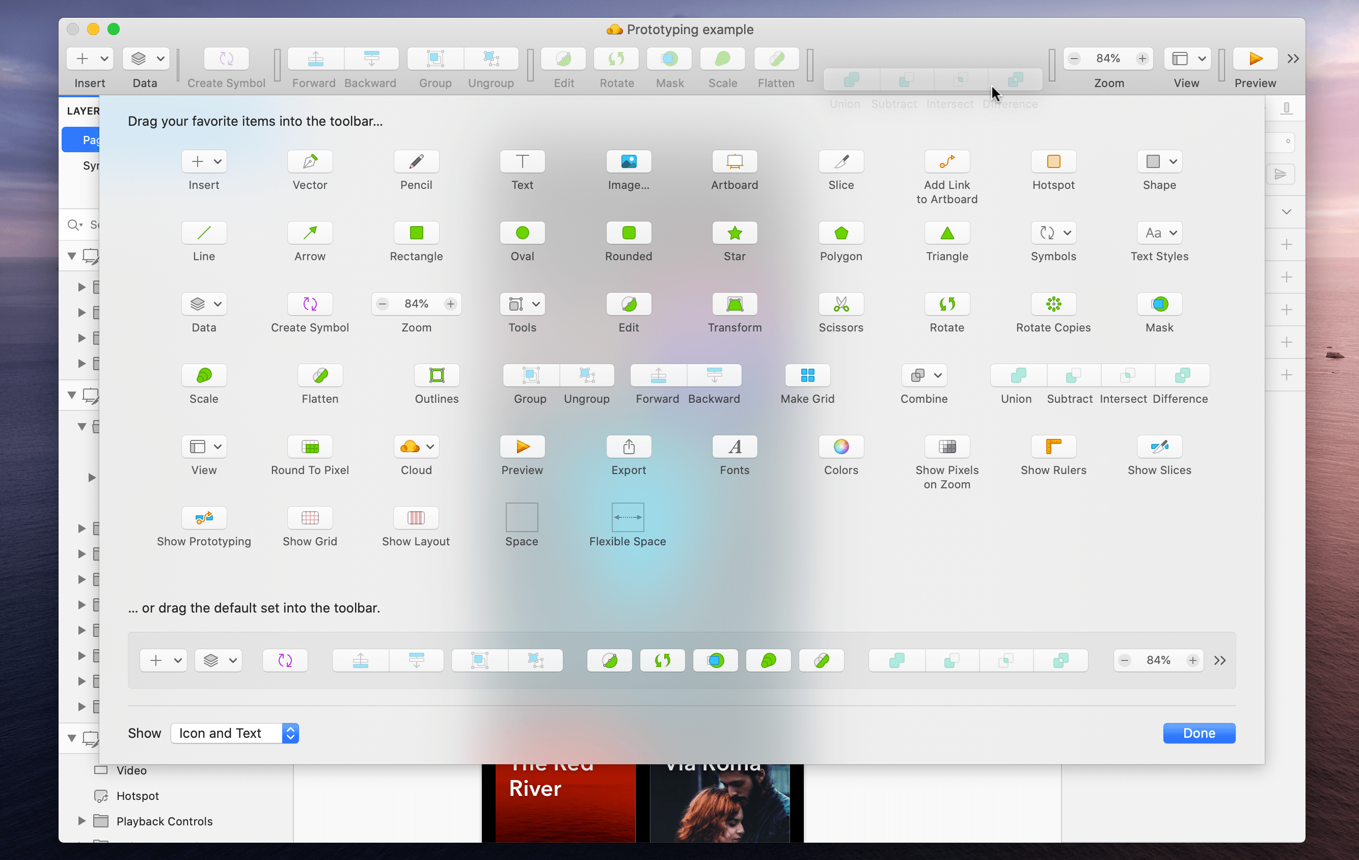 A screenshot showing the Customize toolbar menu in Sketch